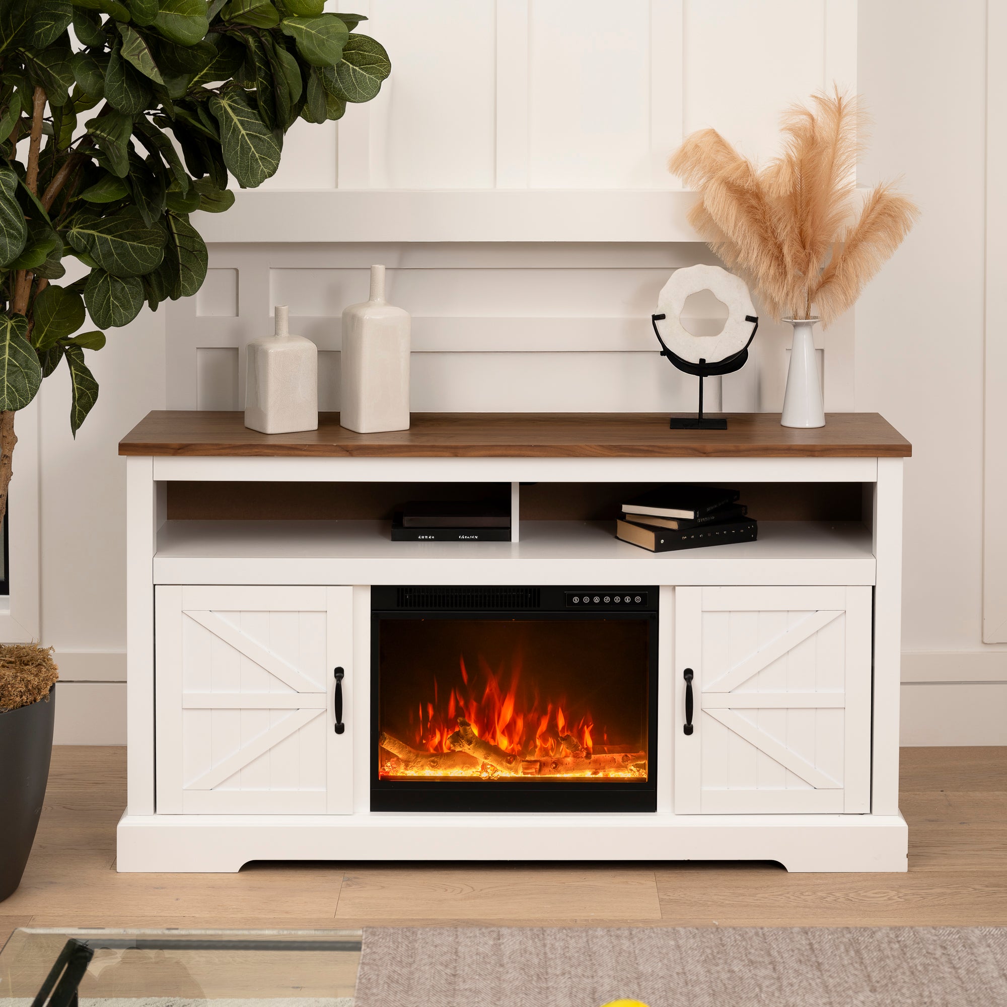 R.W.FLAME Walnut Top TV Stand with Electric Fireplace