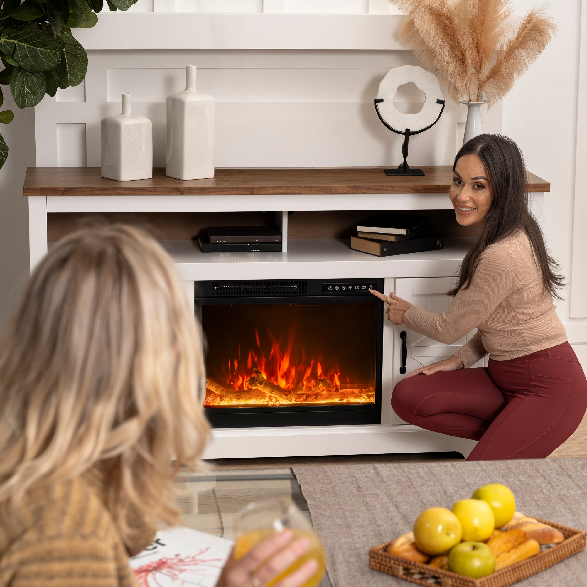 R.W.FLAME Walnut Top TV Stand with Electric Fireplace