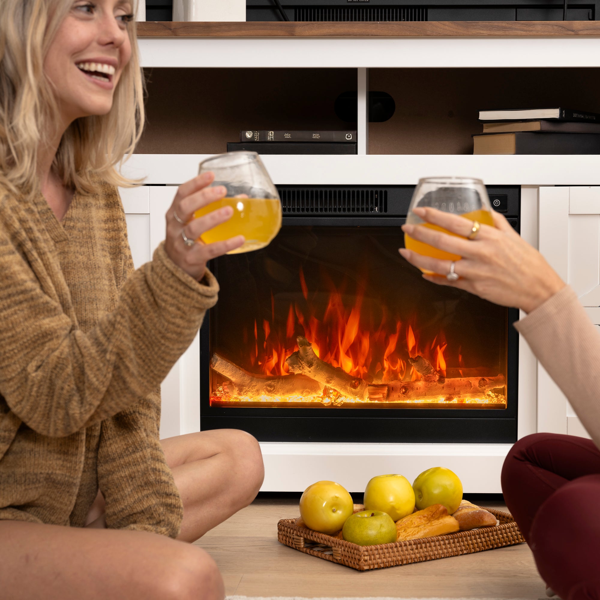 R.W.FLAME Walnut Top TV Stand with Electric Fireplace