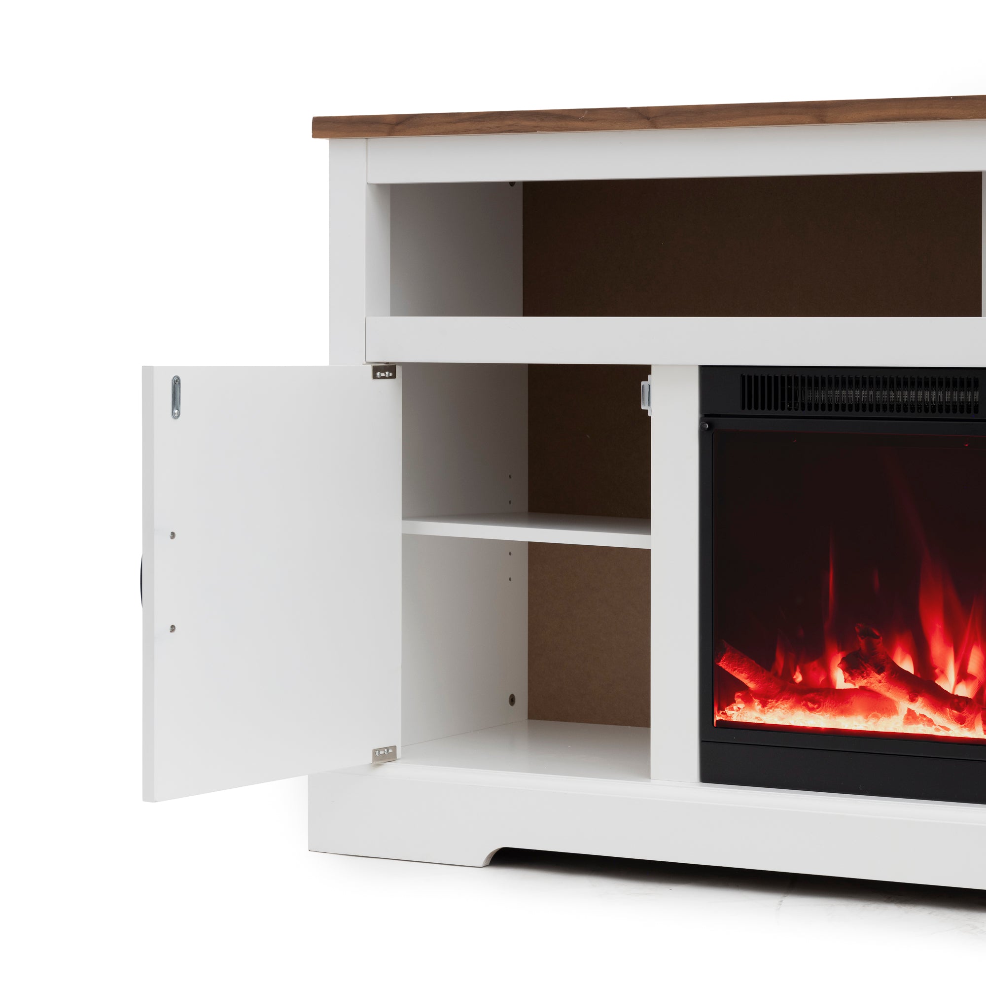 R.W.FLAME Walnut Top TV Stand with Electric Fireplace