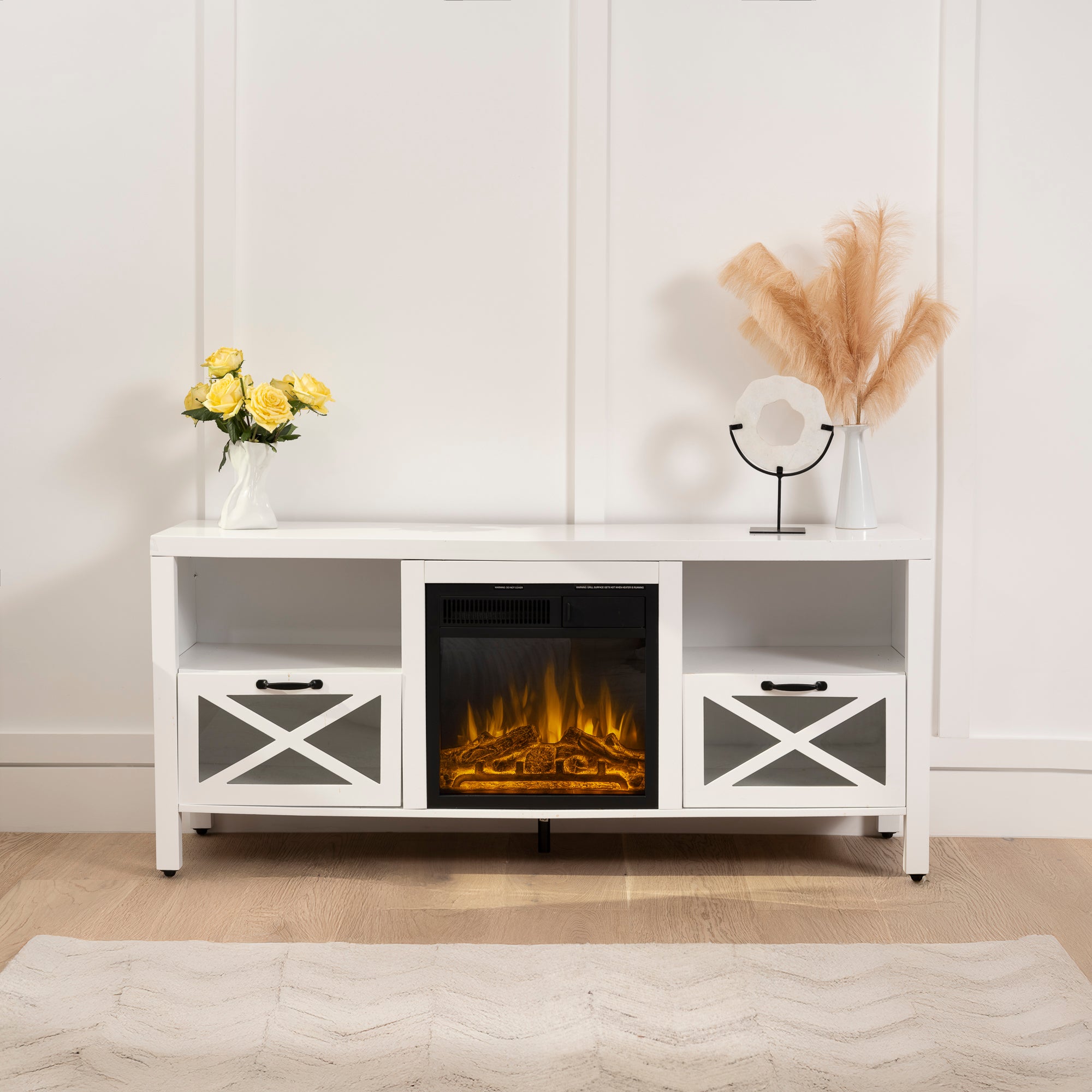 R.W.FLAME Rustic White TV Stand with Electric Fireplace