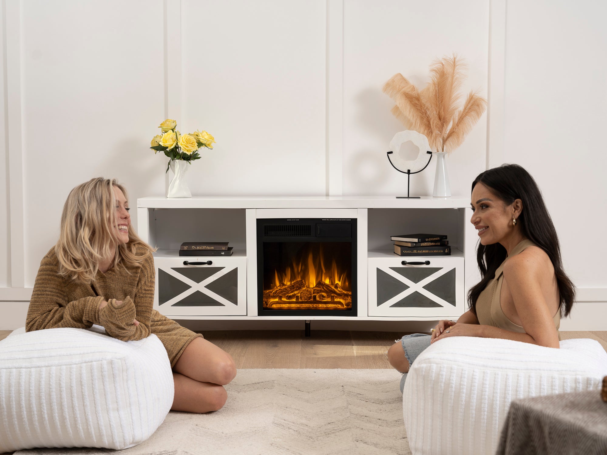 R.W.FLAME Rustic White TV Stand with Electric Fireplace