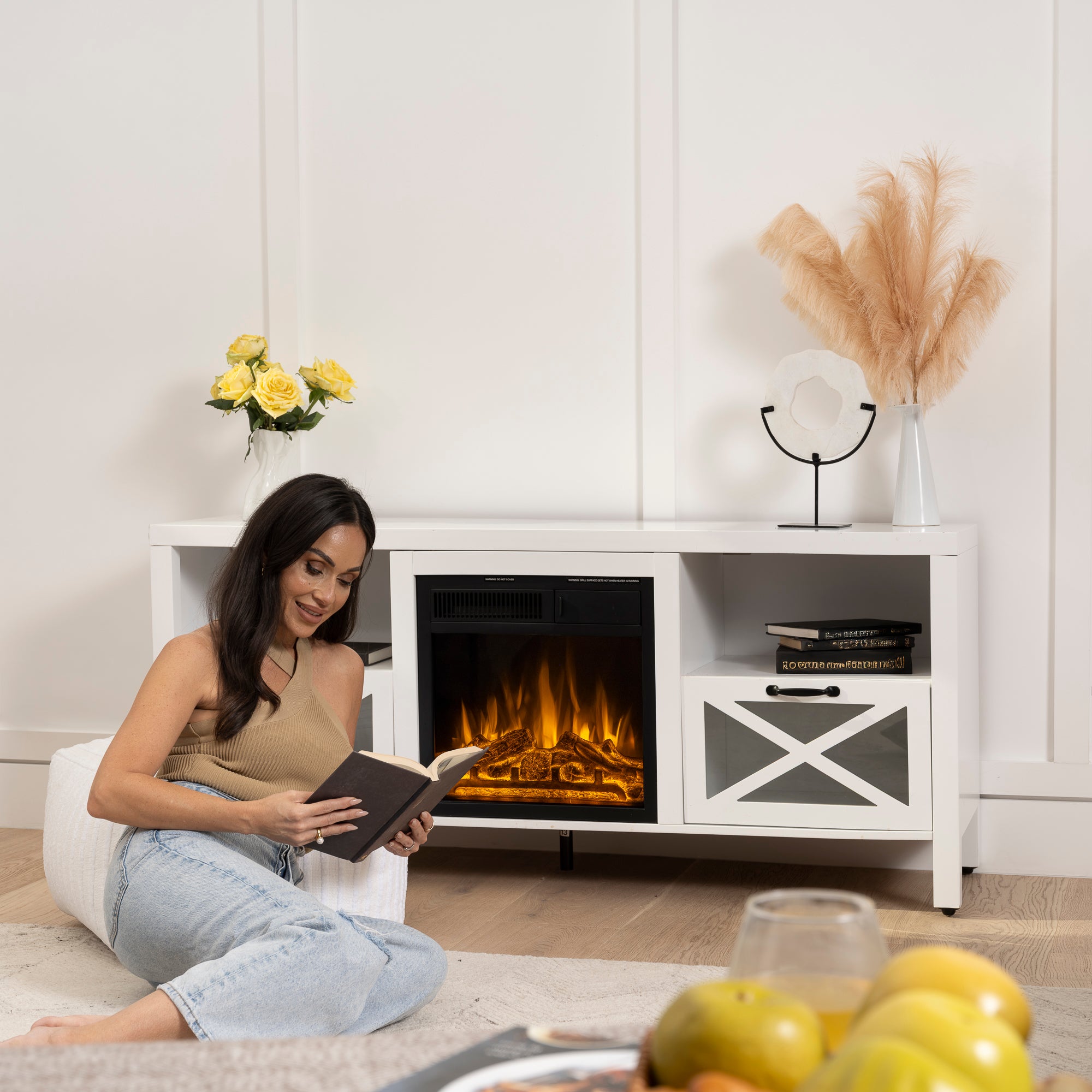 R.W.FLAME Rustic White TV Stand with Electric Fireplace